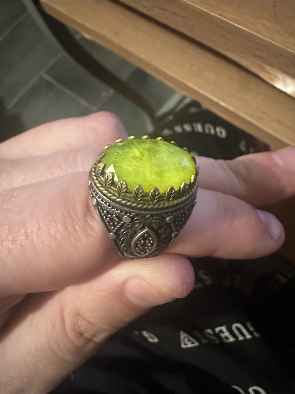 Silver Men’s Ring with Large Bright Lime-Greenish yellow Aqeeq natural gemstone